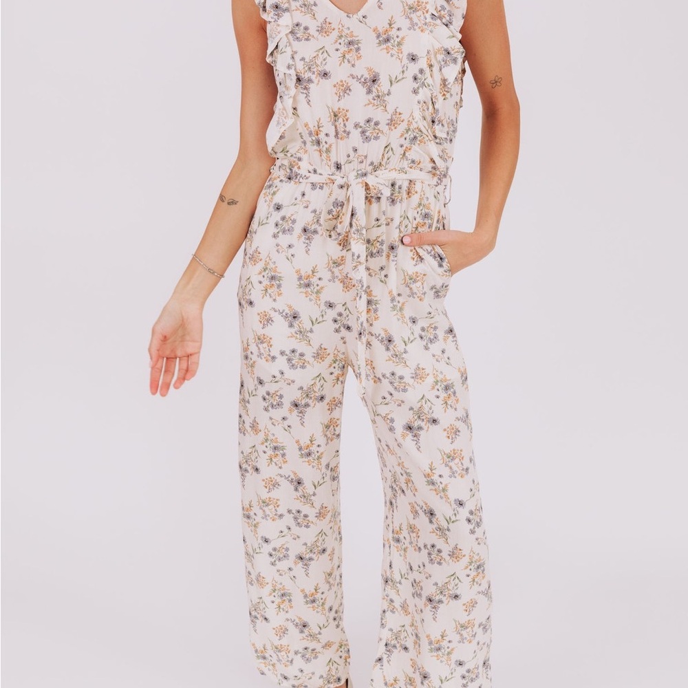 Hayden Floral Ruffle Jumpsuit - Cream and Brown